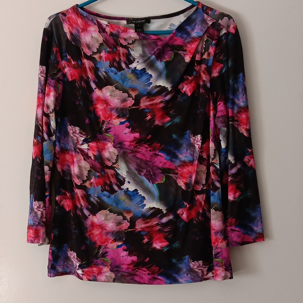 ST. JOHN Floral Stretch Rayon Drape Neck Top M